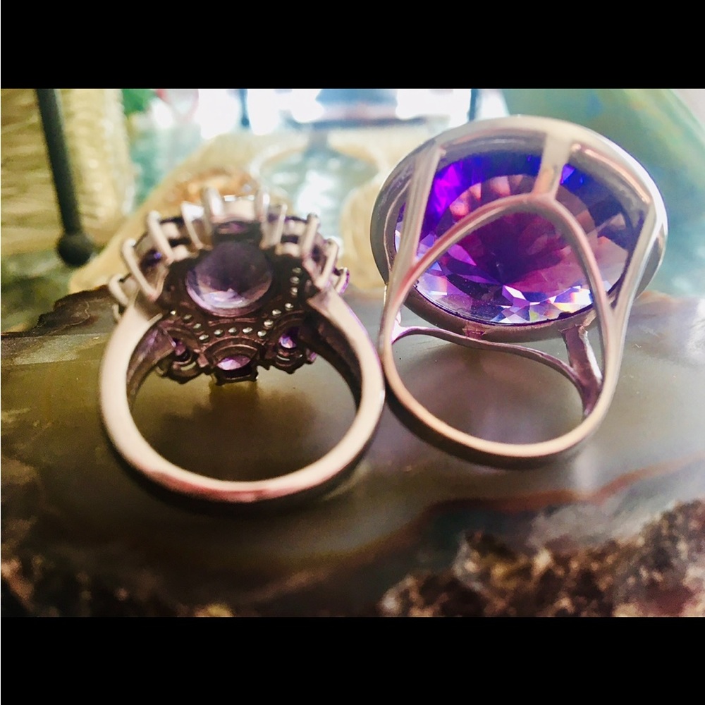Vintage Pair  Silver 925 Amethyst & Clear Topaz Cocktail Ring both SZ 10 - Picture 5 of 14